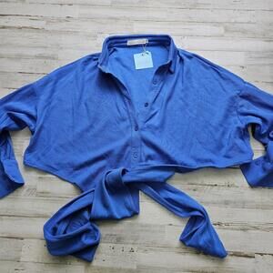 Minaa Monroe Women Top Medium Blue Cotton Blend Long Sleeve Cropped Front Tie